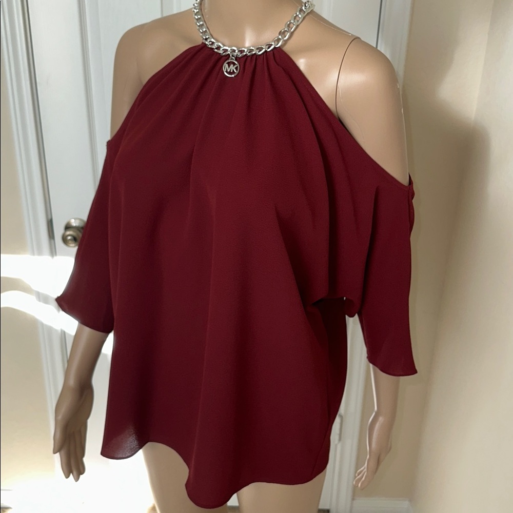 MICHAEL Michael Kors Burgundy Cold-Shoulder Halter Blouse - Picture 2 of 14